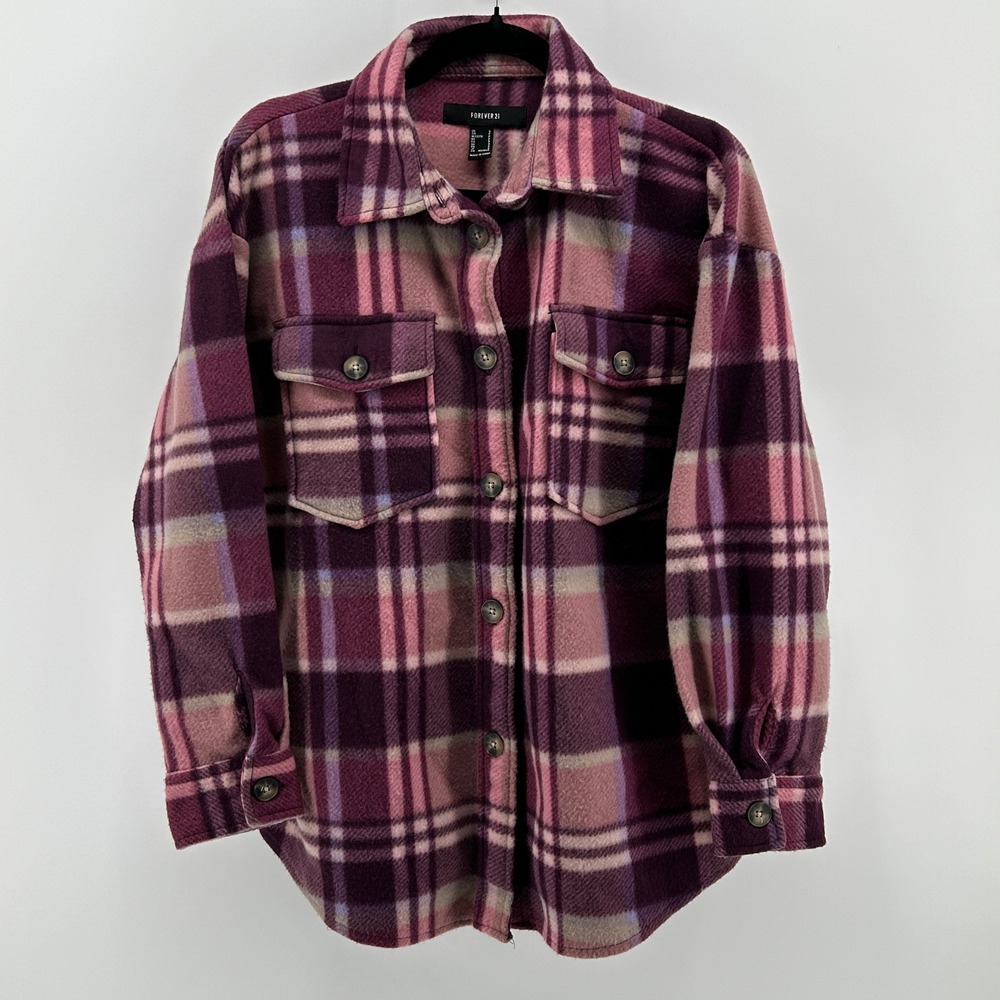 Forever 21 Purple Pink Tartan Plaid Button Shacket S Fleece Oversized Streetwear